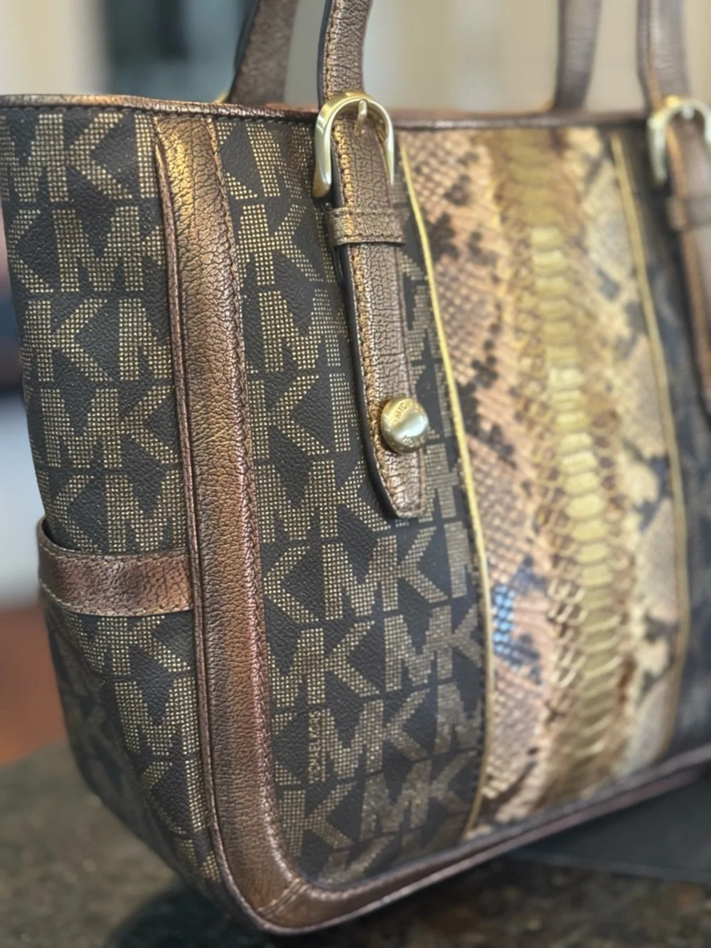 Vintage Michael Kors Brown & Gold Logo Tote with Snake-Print Center